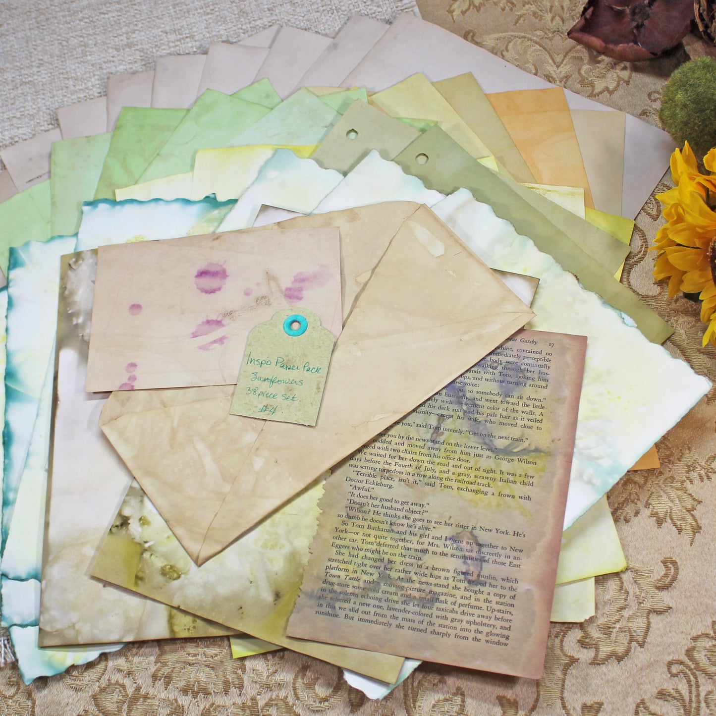 Sunflowers # 4 Inspirational Paper Pack | 38 piece set | Eco Dyed / Hand Dyed Paper | Junk Journal Pack