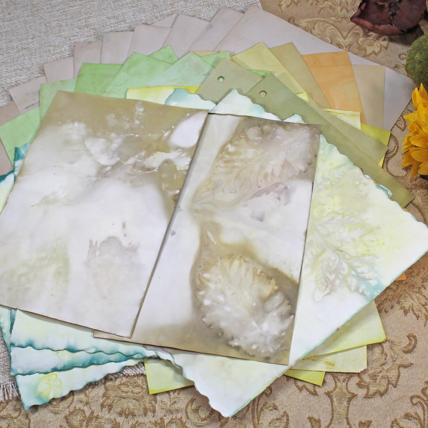 Sunflowers # 4 Inspirational Paper Pack | 38 piece set | Eco Dyed / Hand Dyed Paper | Junk Journal Pack