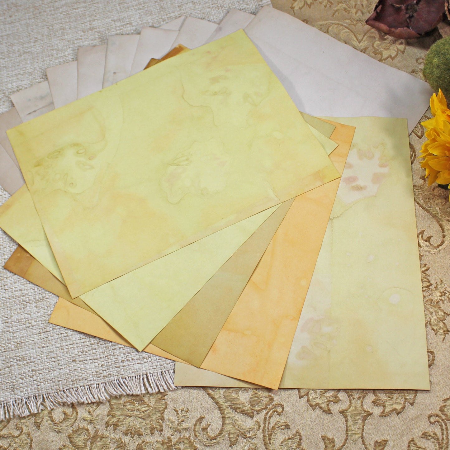 Sunflowers # 4 Inspirational Paper Pack | 38 piece set | Eco Dyed / Hand Dyed Paper | Junk Journal Pack