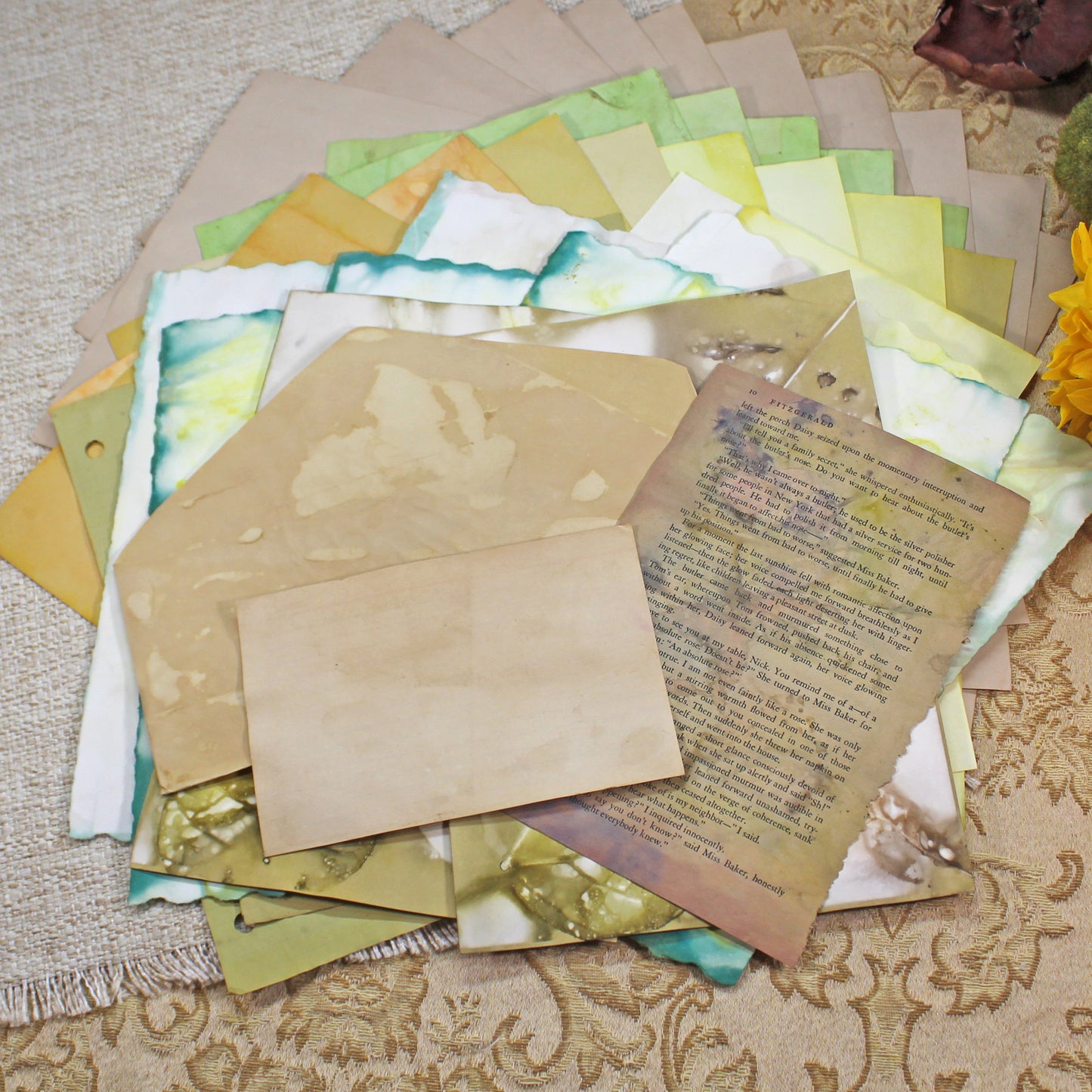 Sunflowers # 3 Inspirational Paper Pack | 38 piece set | Eco Dyed / Hand Dyed Paper | Junk Journal Pack