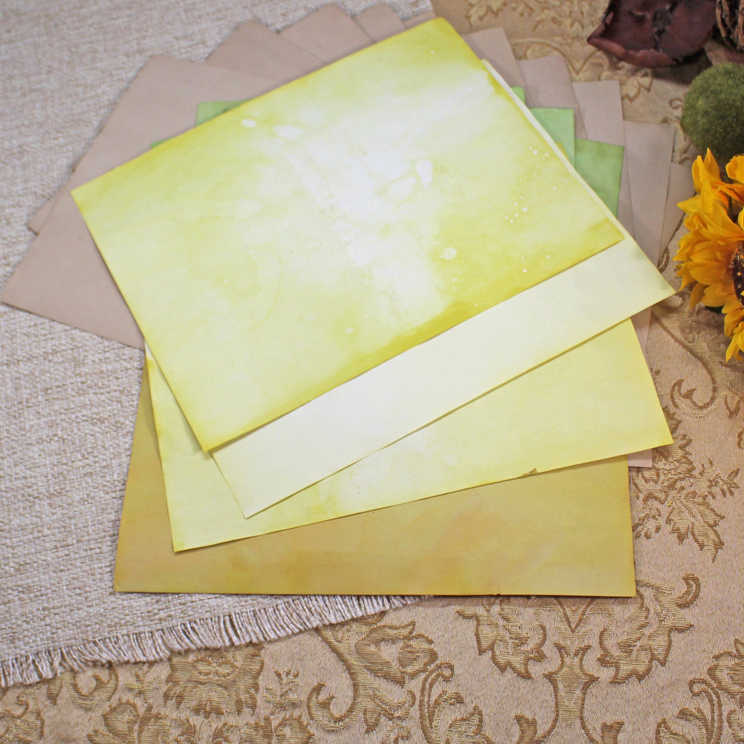 Sunflowers # 3 Inspirational Paper Pack | 38 piece set | Eco Dyed / Hand Dyed Paper | Junk Journal Pack