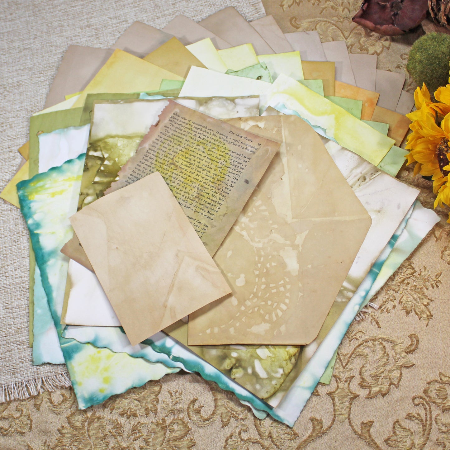 Sunflowers # 2 Inspirational Paper Pack | 38 piece set | Eco Dyed / Hand Dyed Paper | Junk Journal Pack