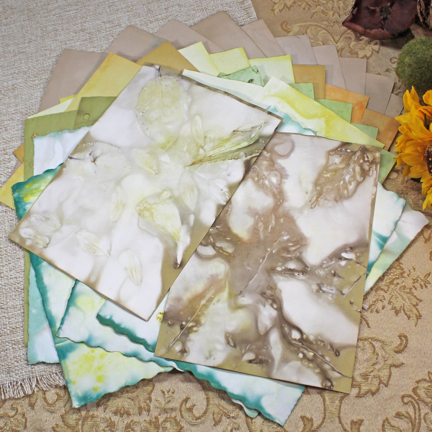 Sunflowers # 2 Inspirational Paper Pack | 38 piece set | Eco Dyed / Hand Dyed Paper | Junk Journal Pack