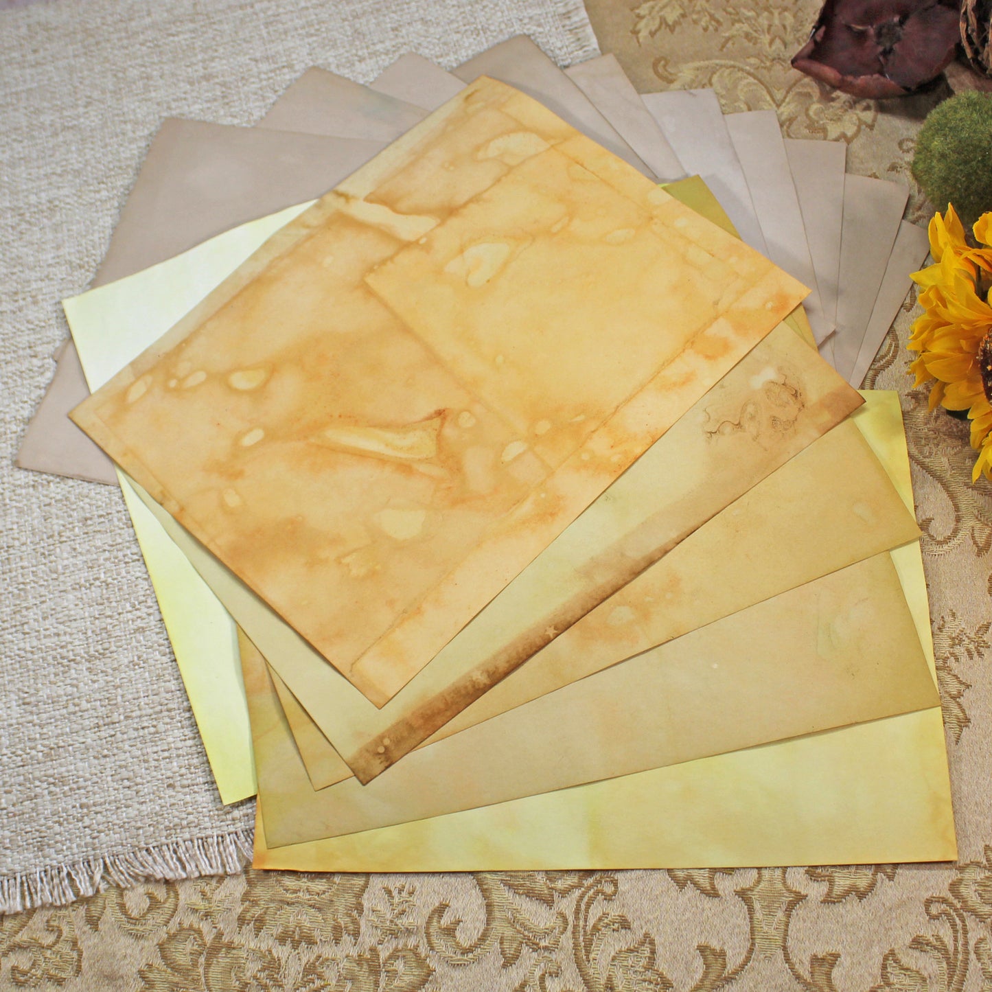 Sunflowers # 2 Inspirational Paper Pack | 38 piece set | Eco Dyed / Hand Dyed Paper | Junk Journal Pack