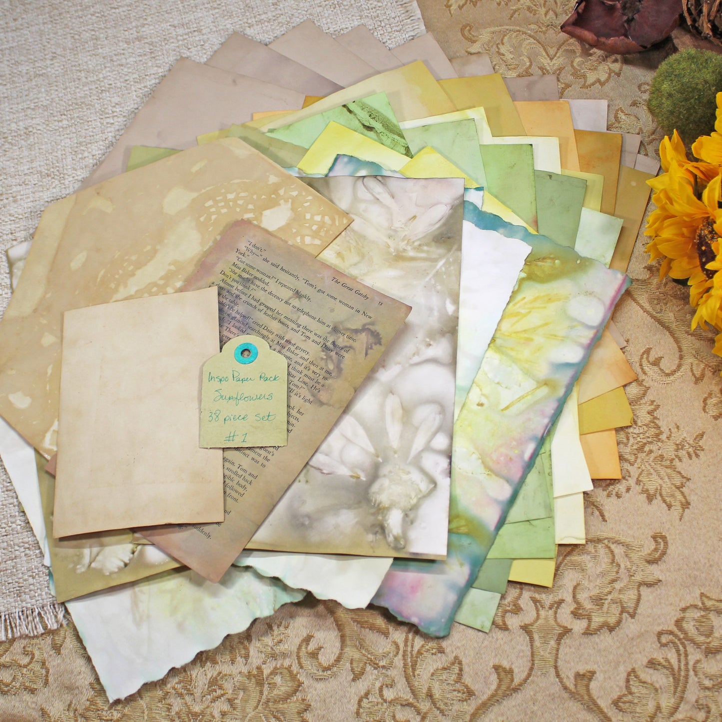 Sunflowers # 1 Inspirational Paper Pack | 38 piece set | Eco Dyed / Hand Dyed Paper | Junk Journal Pack