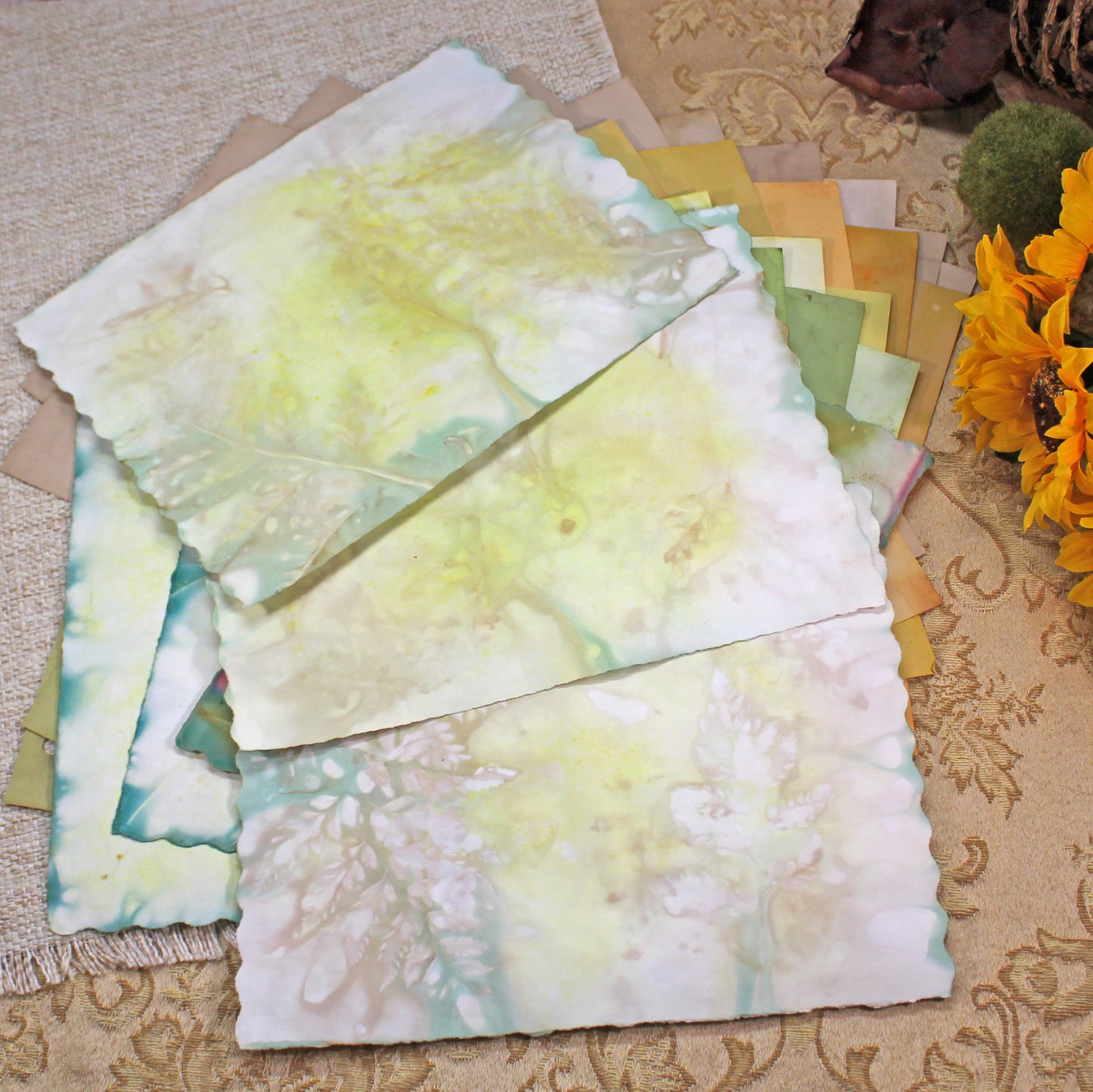 Sunflowers # 1 Inspirational Paper Pack | 38 piece set | Eco Dyed / Hand Dyed Paper | Junk Journal Pack