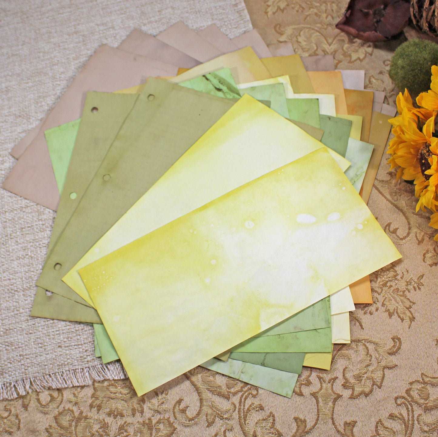 Sunflowers # 1 Inspirational Paper Pack | 38 piece set | Eco Dyed / Hand Dyed Paper | Junk Journal Pack