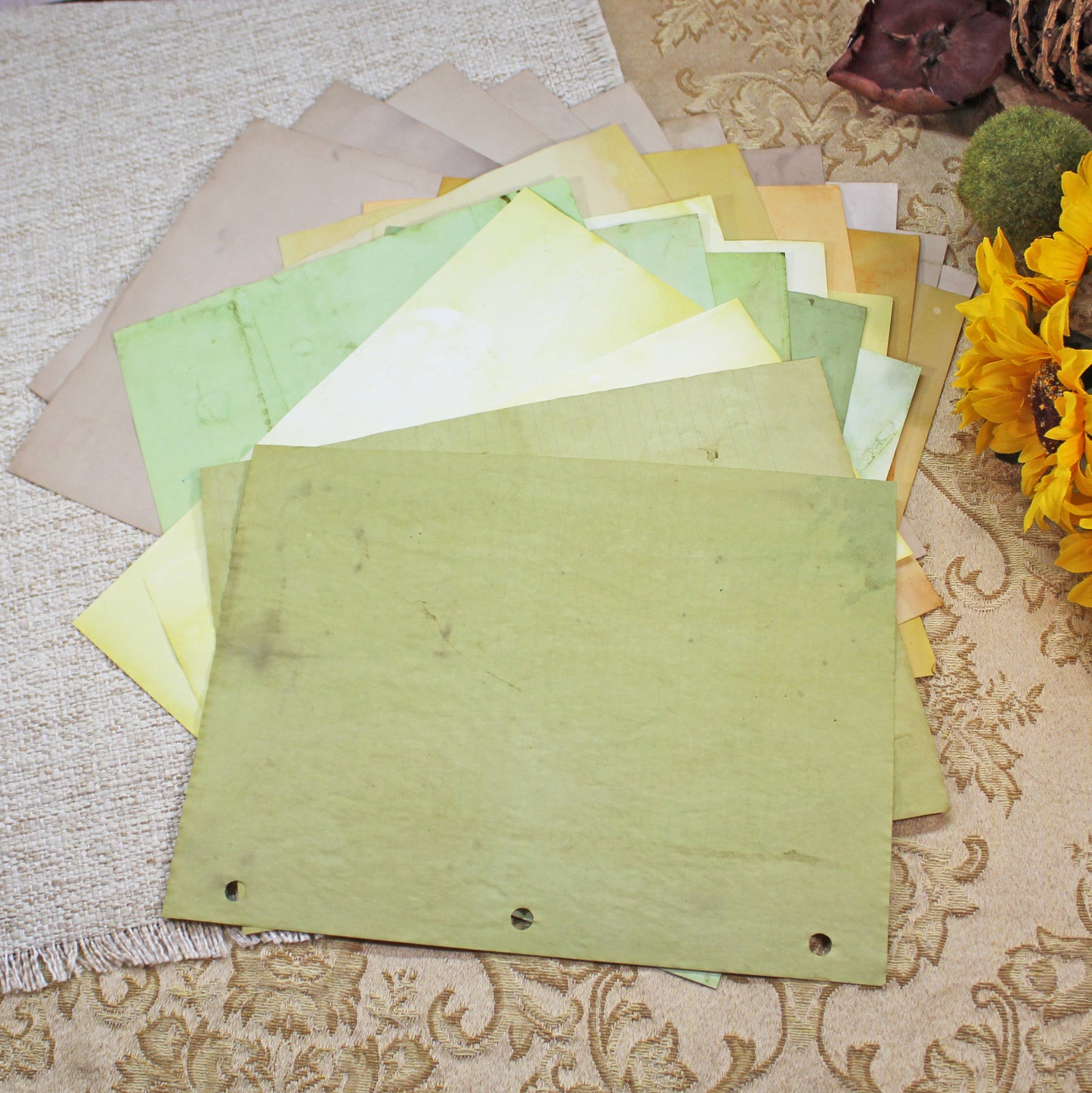 Sunflowers # 1 Inspirational Paper Pack | 38 piece set | Eco Dyed / Hand Dyed Paper | Junk Journal Pack