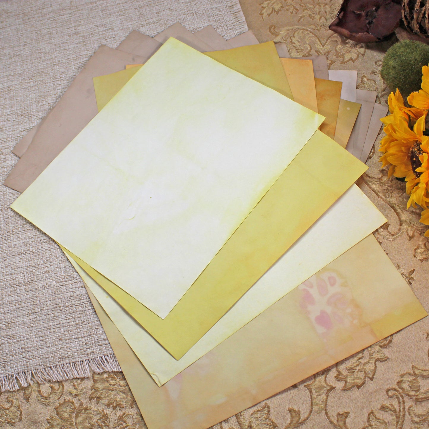 Sunflowers # 1 Inspirational Paper Pack | 38 piece set | Eco Dyed / Hand Dyed Paper | Junk Journal Pack