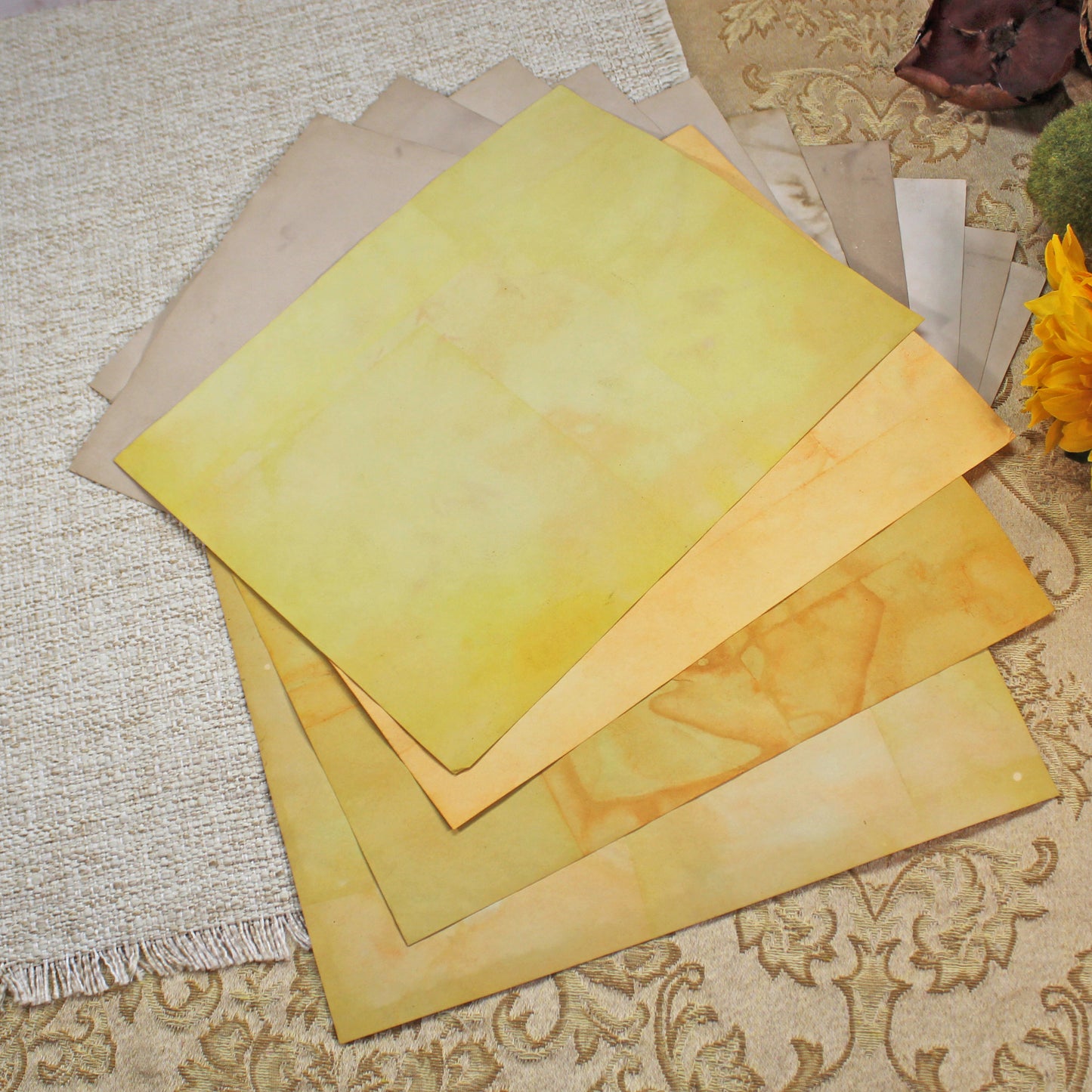 Sunflowers # 1 Inspirational Paper Pack | 38 piece set | Eco Dyed / Hand Dyed Paper | Junk Journal Pack