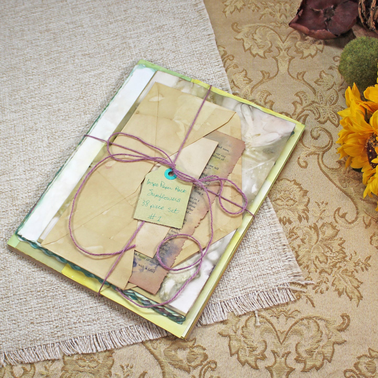 Sunflowers # 1 Inspirational Paper Pack | 38 piece set | Eco Dyed / Hand Dyed Paper | Junk Journal Pack