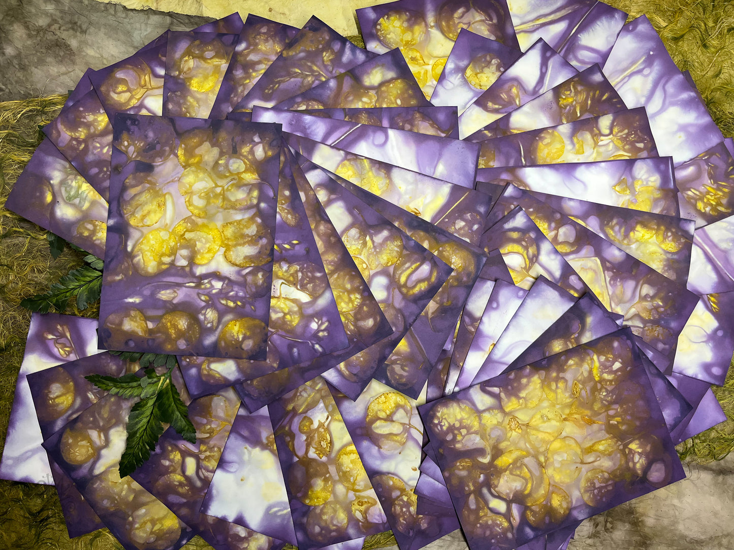 Eco Printed and Hand Dyed Paper Packs | Purple & Gold | Made with Silver Dollar Eucalyptus and Freesia