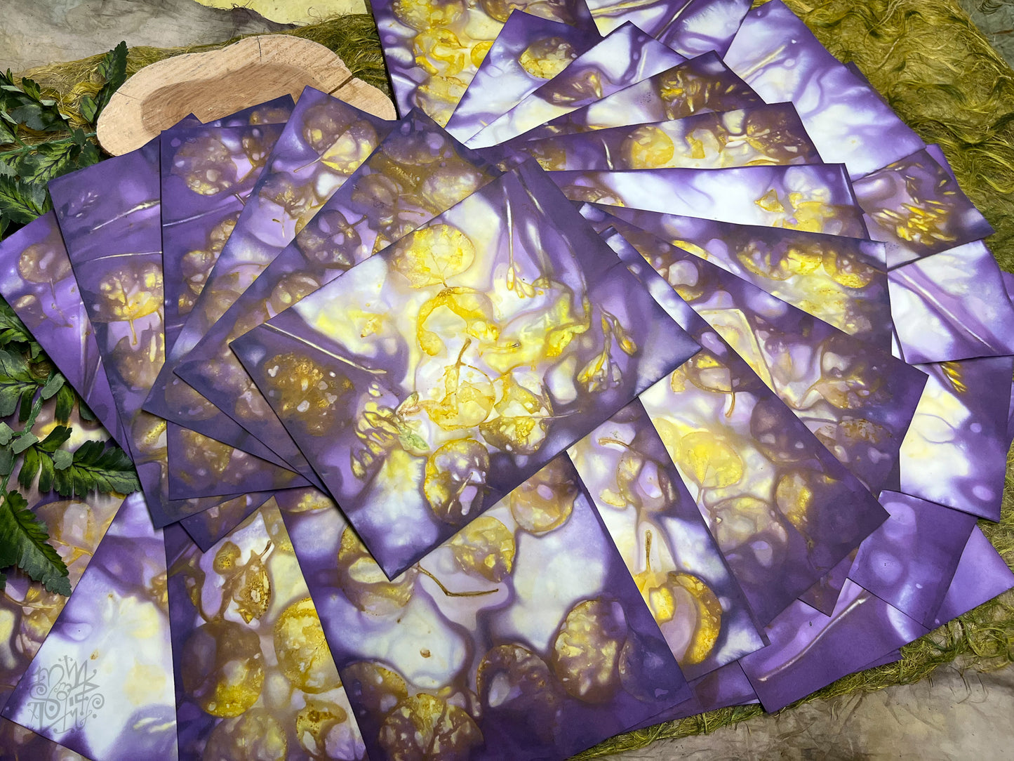 Eco Printed and Hand Dyed Paper Packs | Purple & Gold | Made with Silver Dollar Eucalyptus and Freesia