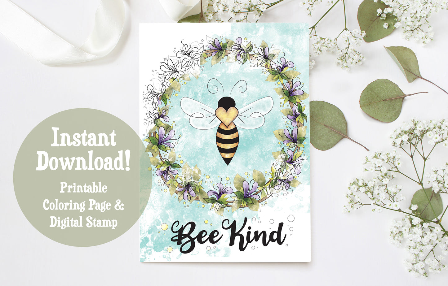 Bee Kind - Printable Coloring Page - Digital Stamp - Bee in Flower Wreath