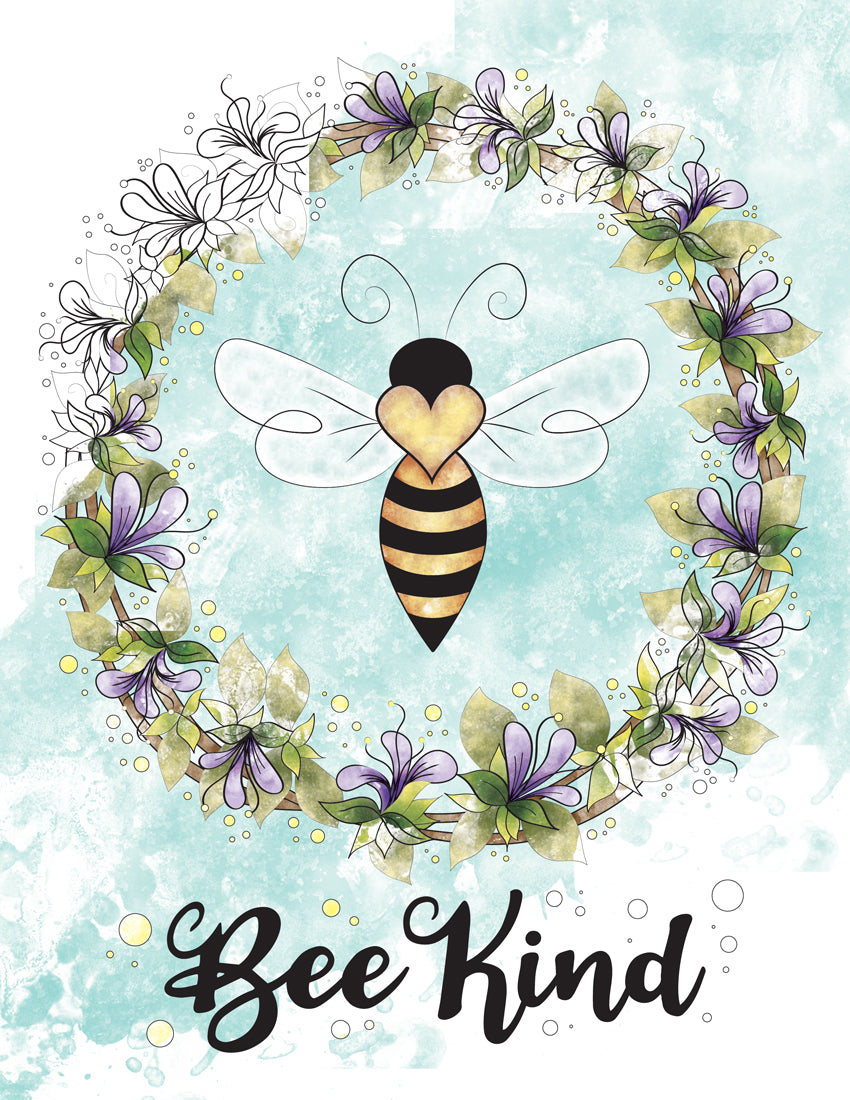 Bee Kind - Printable Coloring Page - Digital Stamp - Bee in Flower Wreath