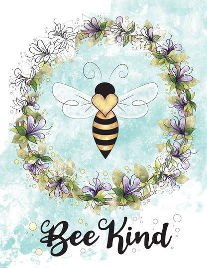 Bee Kind - Printable Coloring Page - Digital Stamp - Bee in Flower Wreath