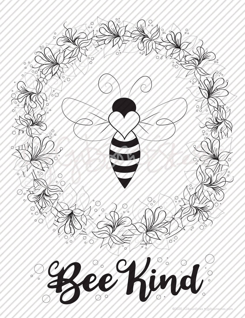 Bee Kind - Printable Coloring Page - Digital Stamp - Bee in Flower Wreath