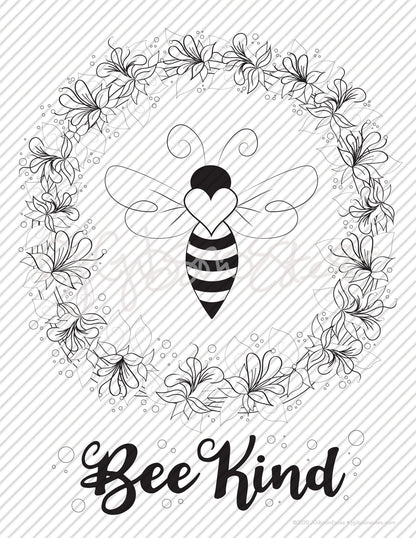 Bee Kind - Printable Coloring Page - Digital Stamp - Bee in Flower Wreath