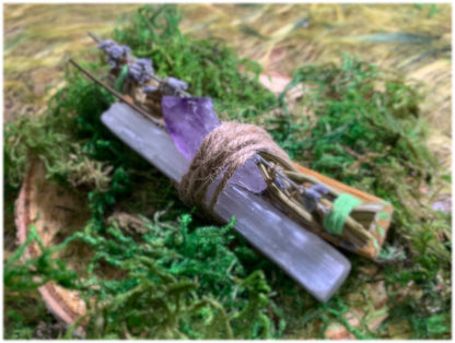 Smoke Cleansing Wand - with Selenite and Amethyst Crystals and lavender, sweet grass and holy wood.