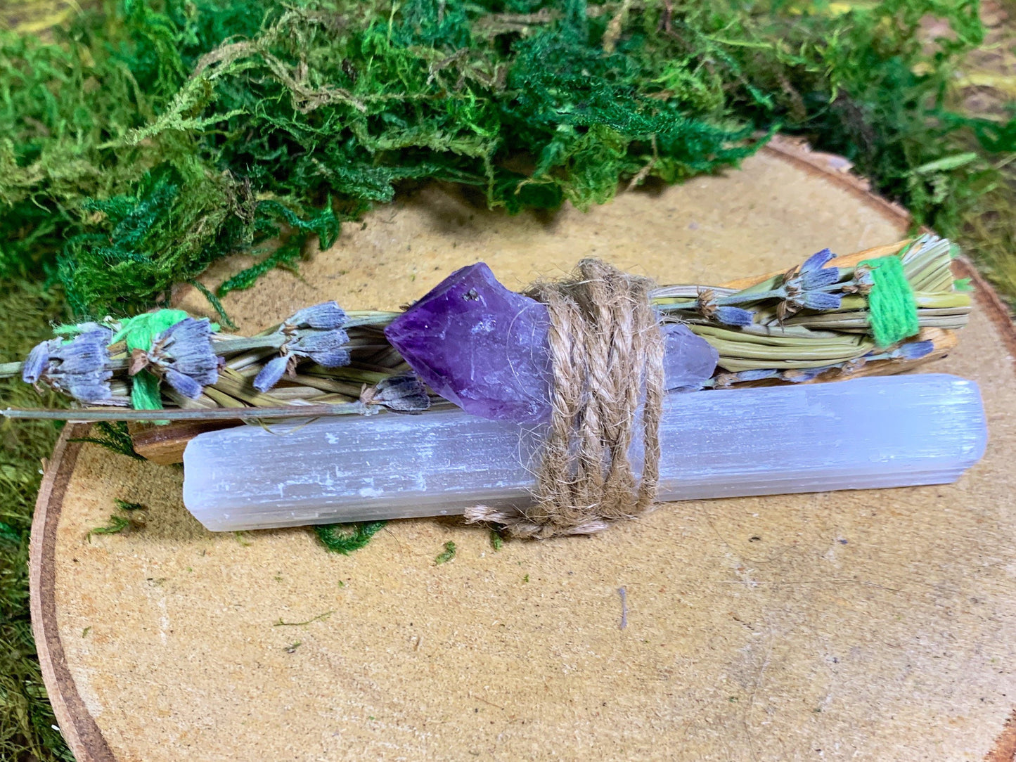 Smoke Cleansing Wand - with Selenite and Amethyst Crystals and lavender, sweet grass and holy wood.