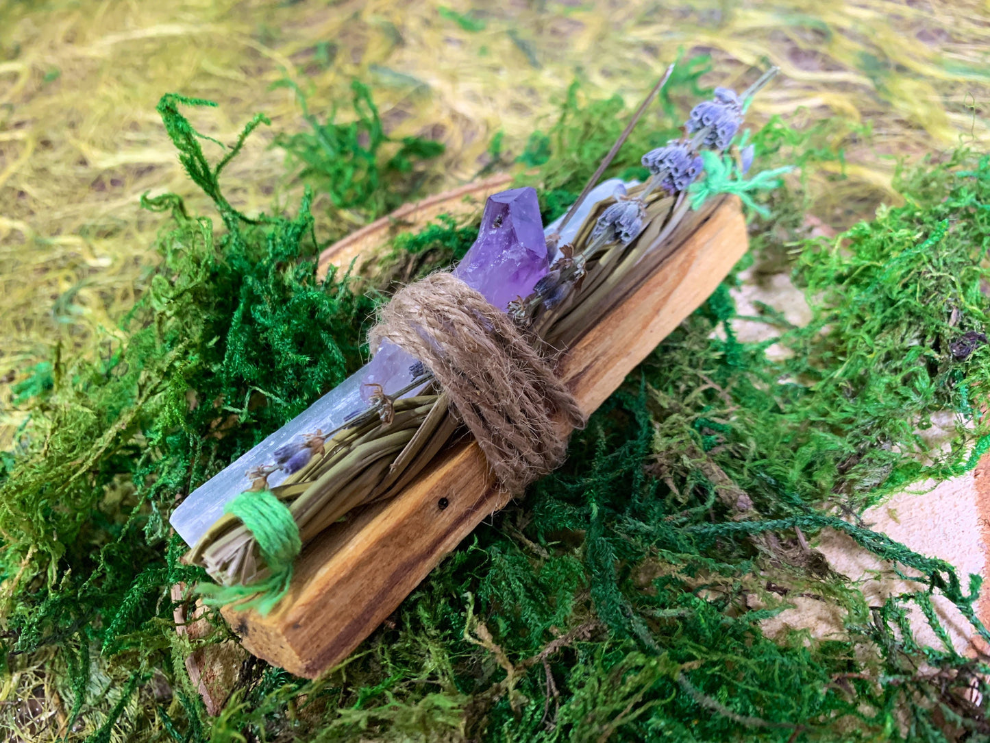 Smoke Cleansing Wand - with Selenite and Amethyst Crystals and lavender, sweet grass and holy wood.