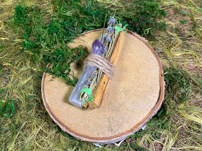 Smoke Cleansing Wand - with Selenite and Amethyst Crystals and lavender, sweet grass and holy wood.