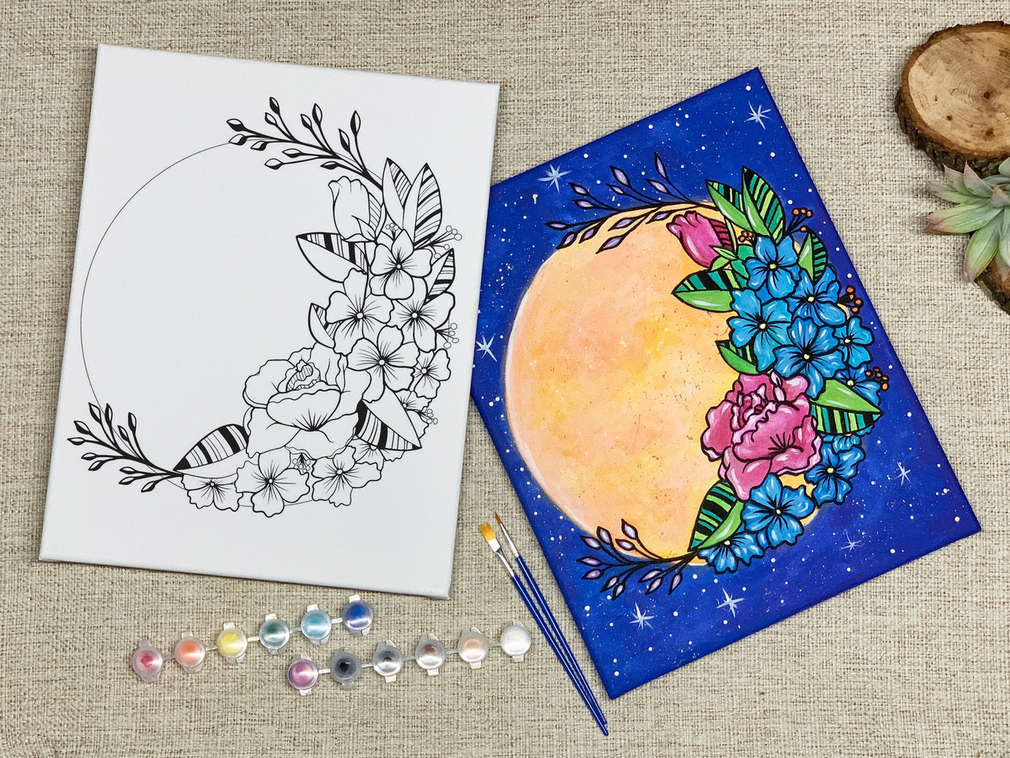 Crescent Flower Moon Pre-Drawn Canvas and Paint Party Kit