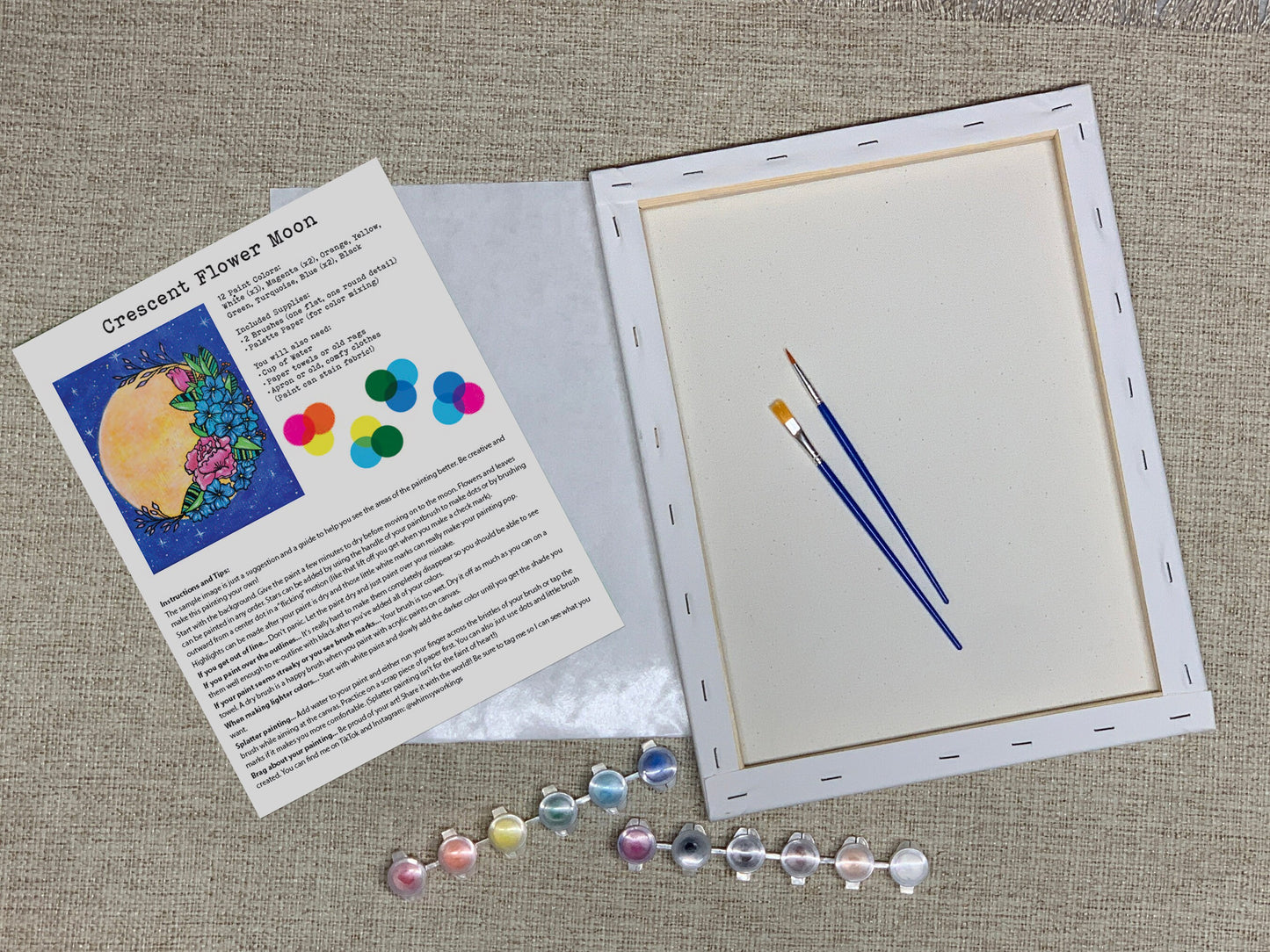 Crescent Flower Moon Pre-Drawn Canvas and Paint Party Kit