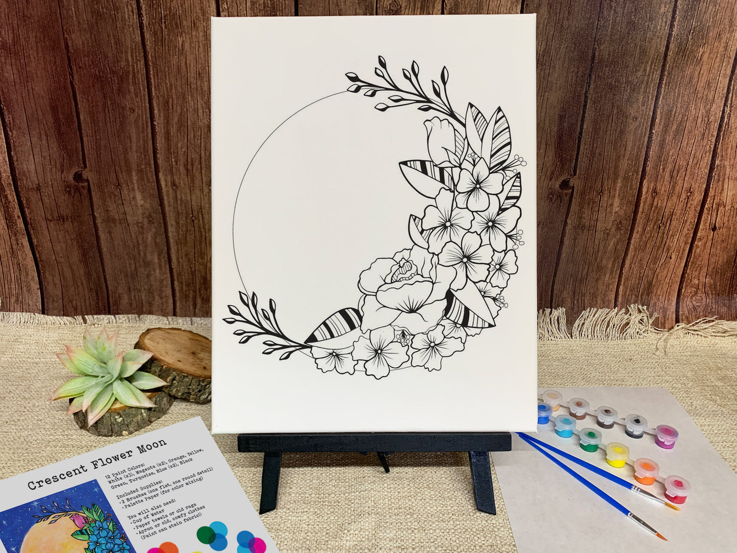 Crescent Flower Moon Pre-Drawn Canvas and Paint Party Kit